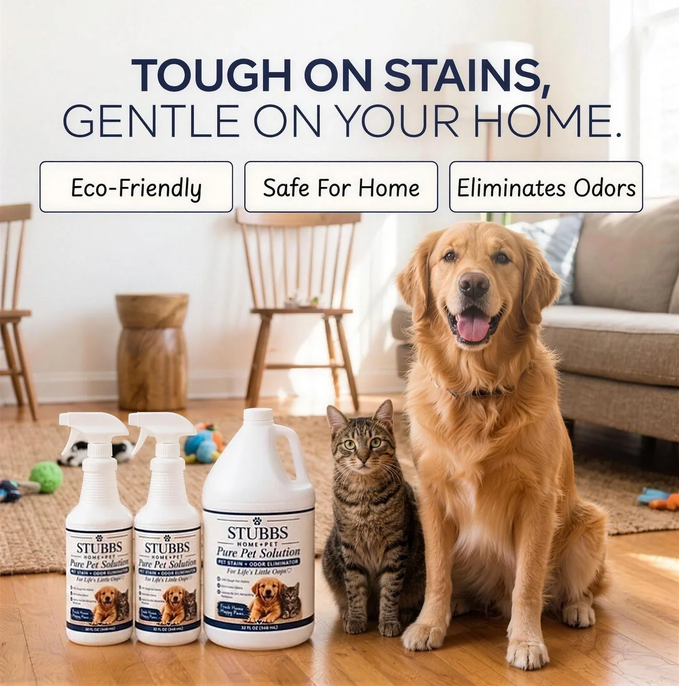 Stubbs Pure Pet Solution 32 oz spray bottles and 1-gallon refill on a living room floor next to a tabby cat and a golden retriever, with the words Tough on stains, gentle on your home: eco-friendly, safe for home, eliminates odors