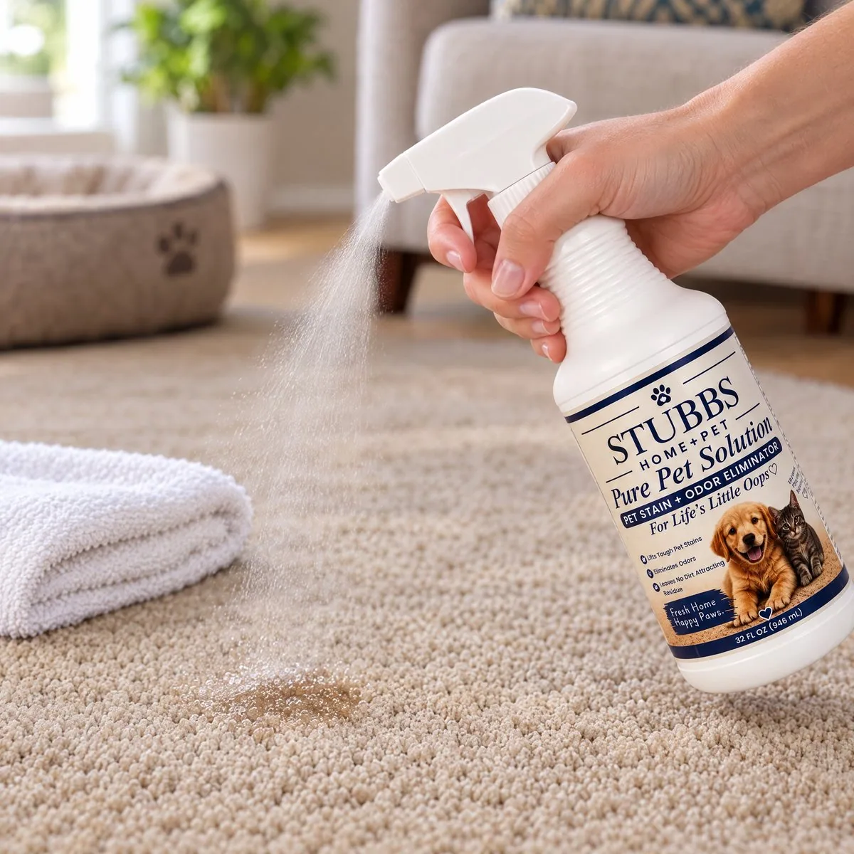 Spraying Stubbs Pure Pet Solution directly onto a spot on the carpet